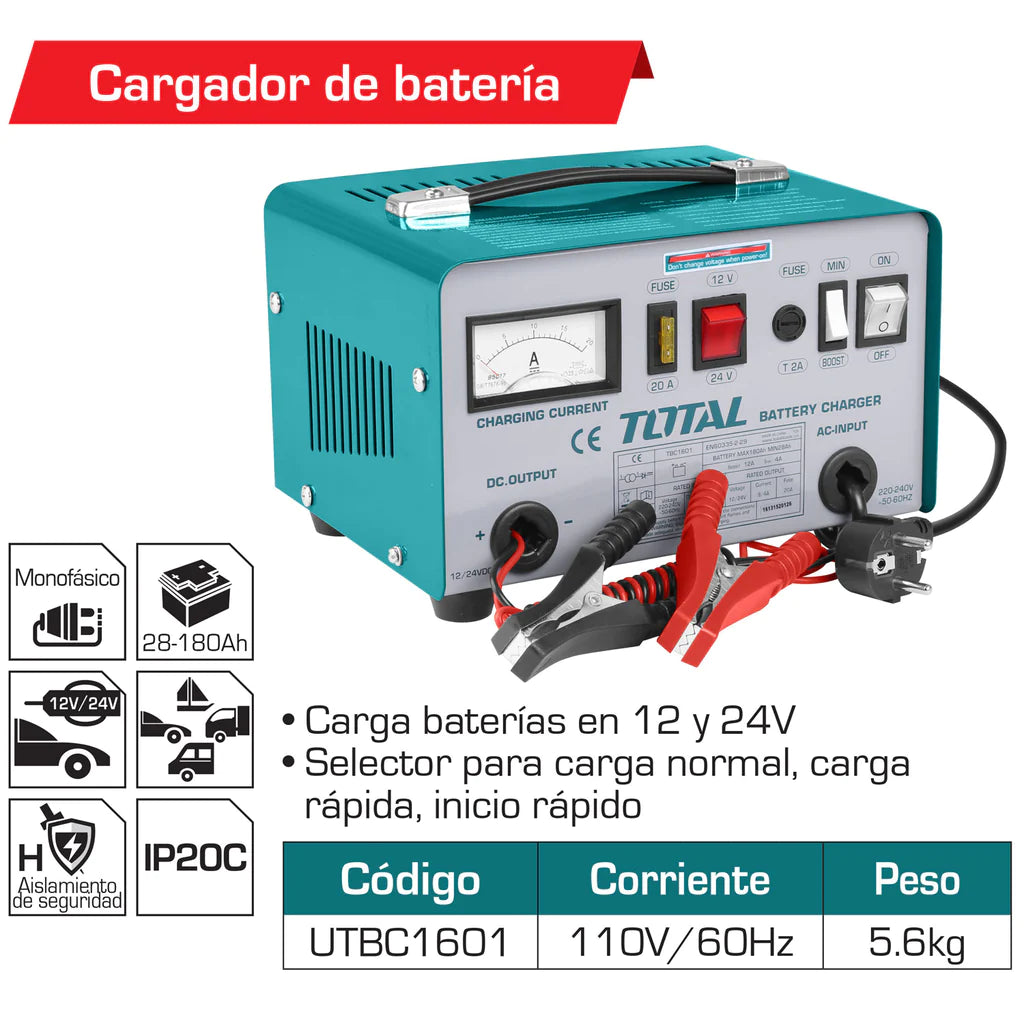 CARGADOR DE BATERIA PARA CARRO (12V - 24V) 110V (TOTAL) - Total Tools  Colombia