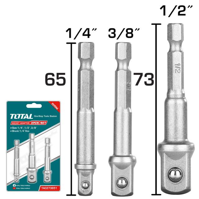 JUEGO ADAPTADORES CUBO TOTAL TAC273651 3 PIEZAS 1/4",3/8",1/2" PARA TALADRO